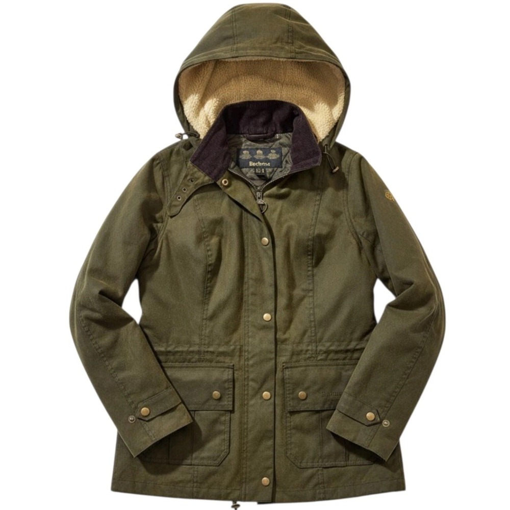 Barbour Women Olive Waxed Cotton Sherpa Hooded Barn Field Jacket Corduroy Collar